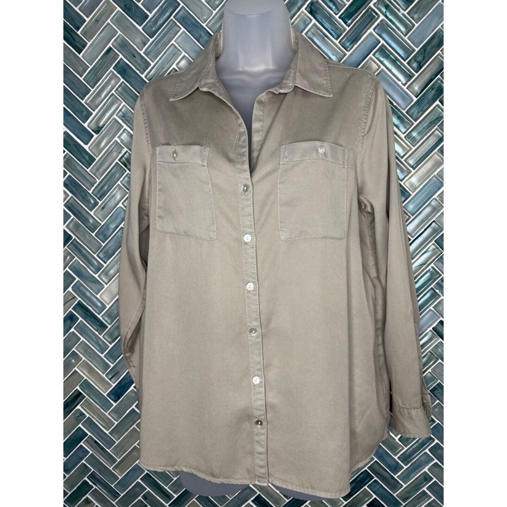 C&C CALIFORNIA TAN KHAKI LONG ROLL TAB SLEEVE BUTTON FRONT 100% LYOCELL SHIRT S
